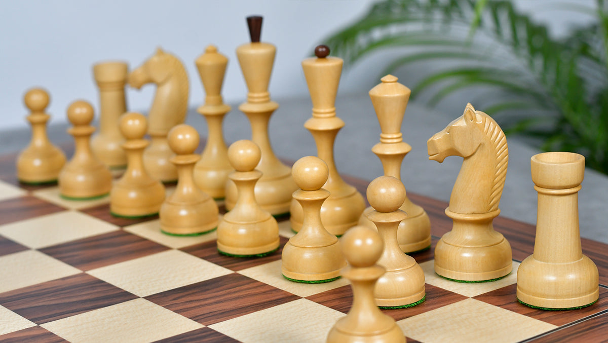 The Soviet Era 1950s' Botvinnik Tournament Weighted Chess Pieces in Sheesham & Boxwood 4.4 inch King - With Santos Palisander pr & Sycamore Chess Board