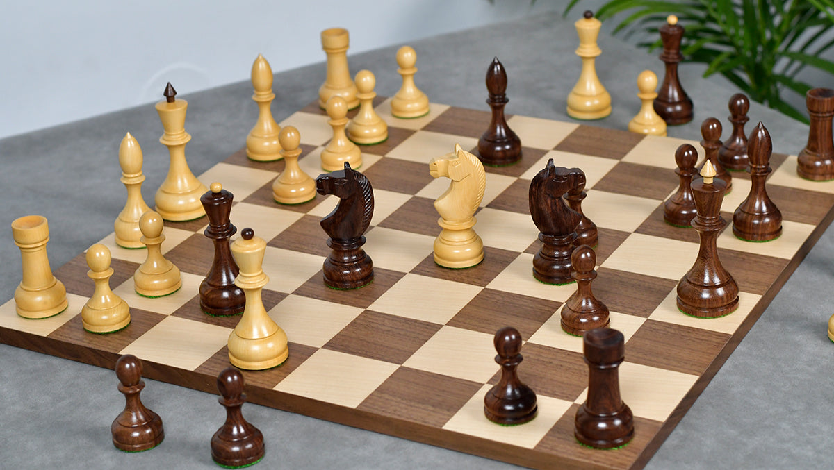 Combo Of Circa 1930s "Leningrad Schoolboy" Soviet Chess Pieces 4.2 inch King in Sheesham & Boxwood - 1530 Grams With Minimalist Walnut Maple Wooden Chess Board Matte Finish