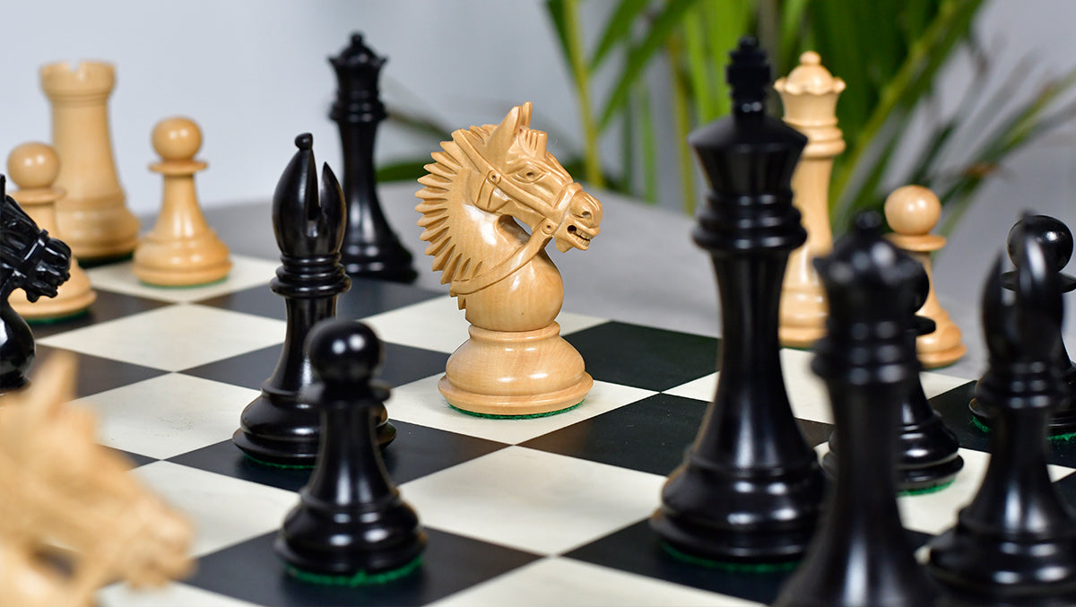The American Bridle Triple-Weighted Chess Pieces with Extra Queen - Handcrafted in Ebony & Boxwood 4.2" King