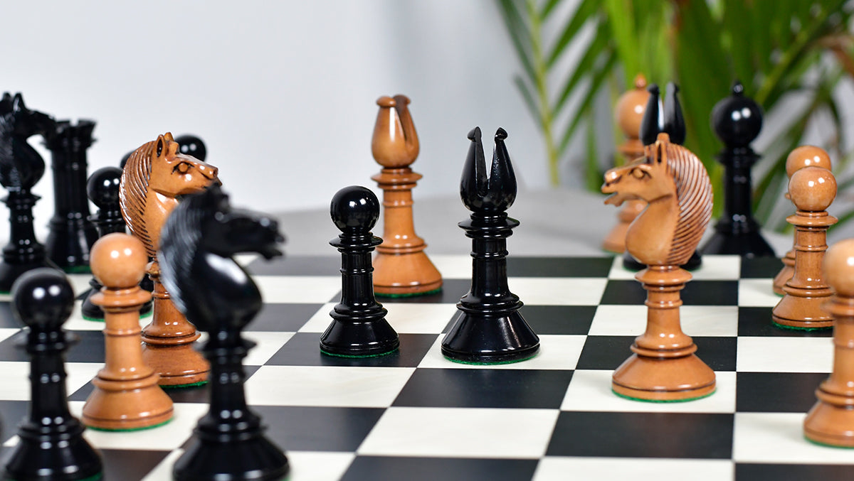Exclusive Repro Old Antique Edinburgh Upright Chess Pieces in Distressed Boxwood and Ebonized Wood - 4.4" King with Extra Queens