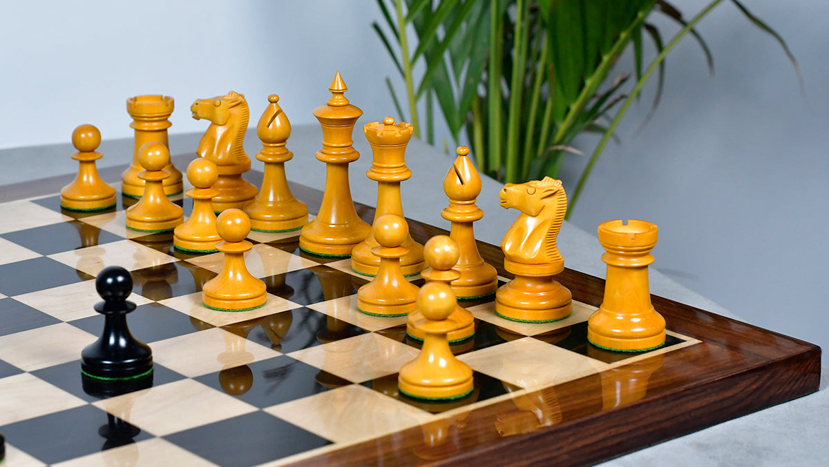 IMPROVED Repro 1904 Cambridge Springs International Tournament Chess Pieces in Ebonized & Antiqued Boxwood - 4" King