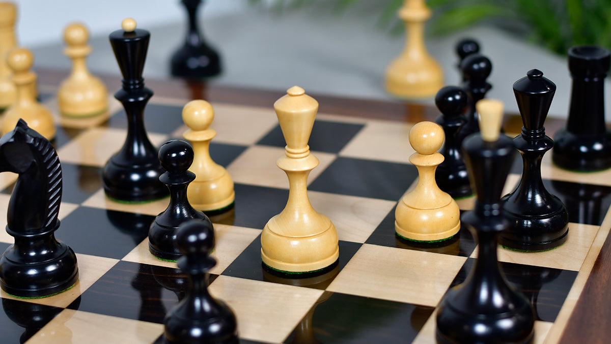 Combo Of 1950s' Botvinnik Tournament Soviet Era Chess Pieces in 4.4 inch King Ebonized Boxwood - 1480 Grams Weight With Solid Wooden Indian Chess Board in Genuine Ebony Wood & Maple Wood with Sheesham Wood Border