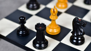 1900s' Marshall Staunton Pattern Chess Pieces in Ebony / Antiqued Boxwood with King Side Stamping - 3.75" King