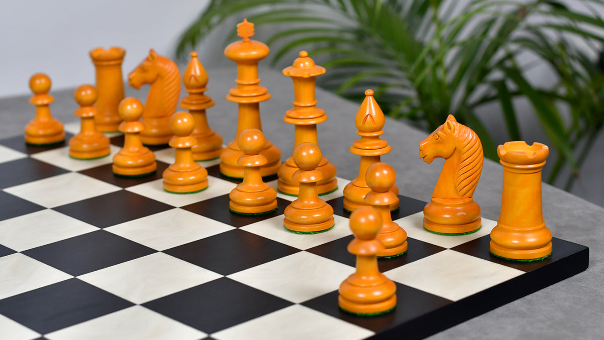 19th Century Antique Austrian Series Chess Pieces in Ebonized Boxwood & Antiqued Boxwood - 4.27" King - Colllector Chess