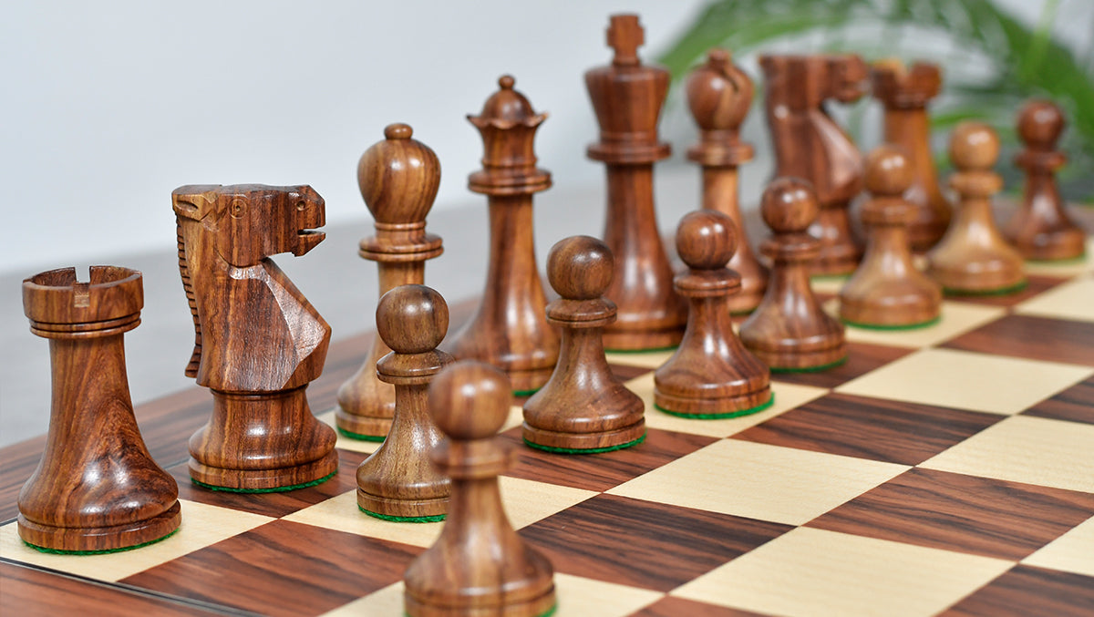 Combo Of Old Vintage English Staunton Series Chess Pieces in Sheesham & Bowood - 3.8" King With Santos Palisander pr &amp; Sycamore Chess Board