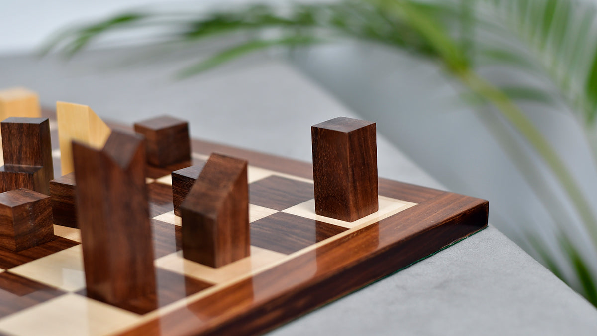 1966 F. Lanier Graham Chess Pieces - Minimalist Design in Sheesham & Boxwood - 2.79" King