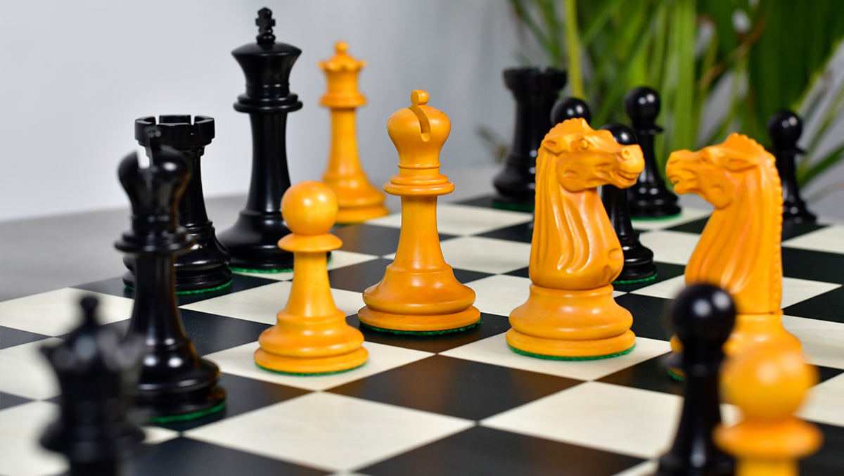 Circa 1887 Turner Teich Soviet-Staunton Style Weighted 4" Chess Pieces in Ebony & Golden Antique Boxwood - 1700 Grams Weight