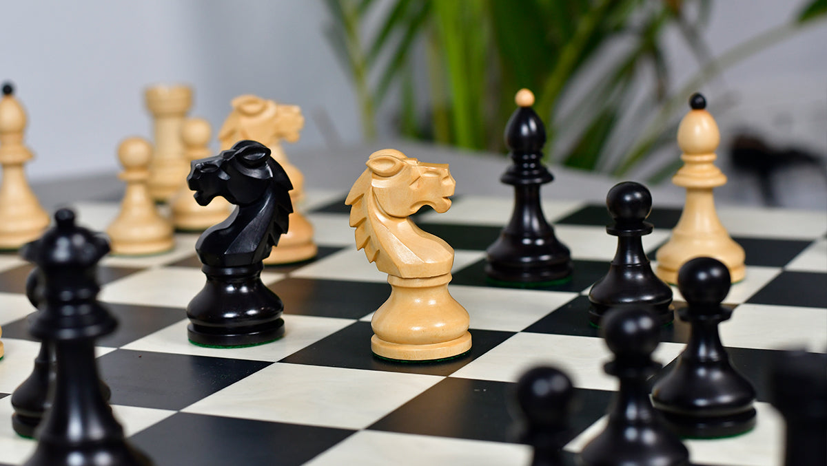 Reproduced Vintage 1950's Circa Bohemia Staunton Series German Chess Pieces in Ebonized Boxwood & Natural Boxwood - 3.89" King