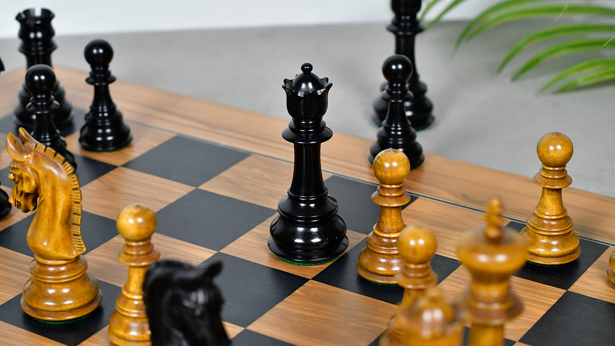 Combo Of War Admiral Antiqued Chess Pieces – 4.4" King – Handcrafted Staunton Design in Ebony Wood & Antiqued Boxwood With Wooden Black Dyed Poplar Olive Chess Board