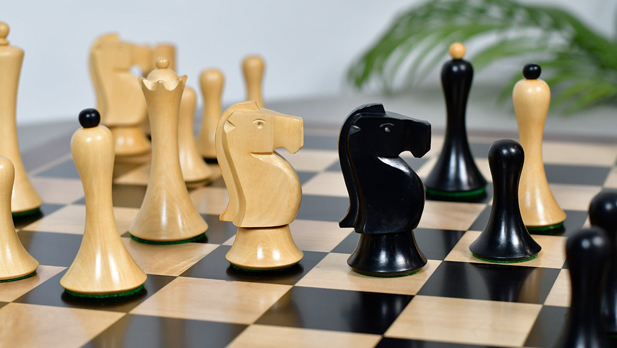 Combo Of Minimalist Soviet-Style Chess Pieces In Ebonized & Boxwood - 3.7” King With Wooden Ebony Wood / Maple Wood Chess Board