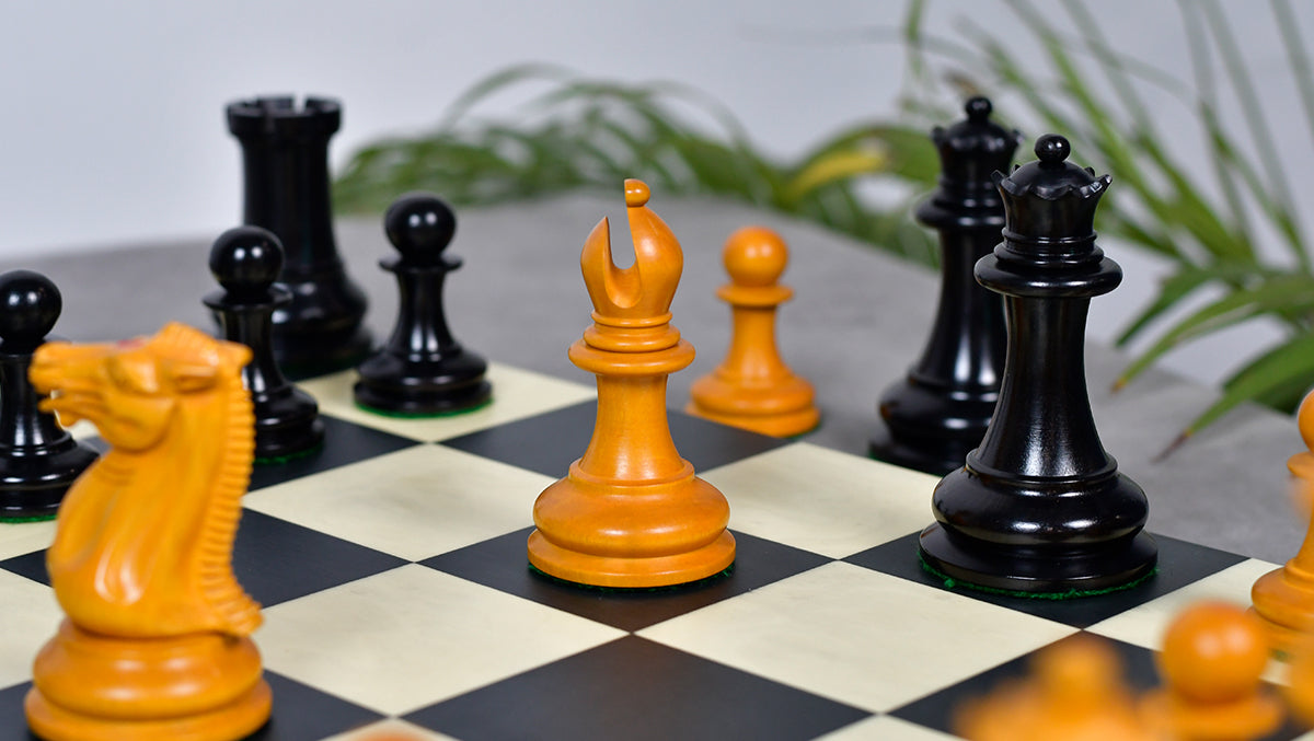 4.5" King - 1849 Original Staunton Pattern Triple Weighted Wooden Chess Pieces in Genuine Ebony & Antiqued Boxwood w/ King Side Stamping