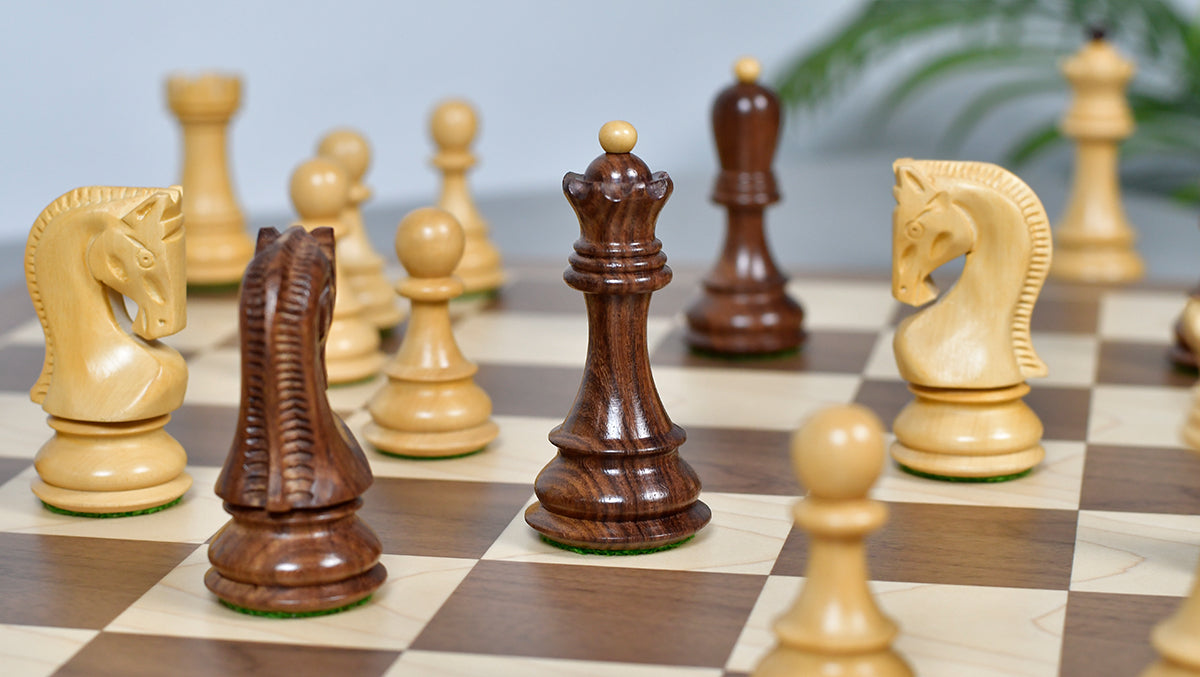 Combo Of 1959 World Chess Championship Russian Zagreb Weighted Chess Pieces in Sheesham / Natural Boxwood 4.14" - King With Wooden Walnut / Maple Chess Board
