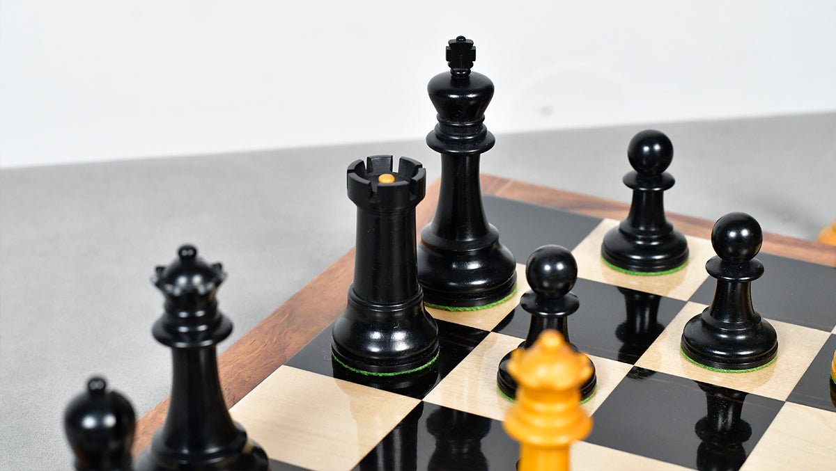 Reproduced Richard Whitty Antique Chess Pieces with King Side Stamping in Ebony / Antiqued Box wood - 3.75" King