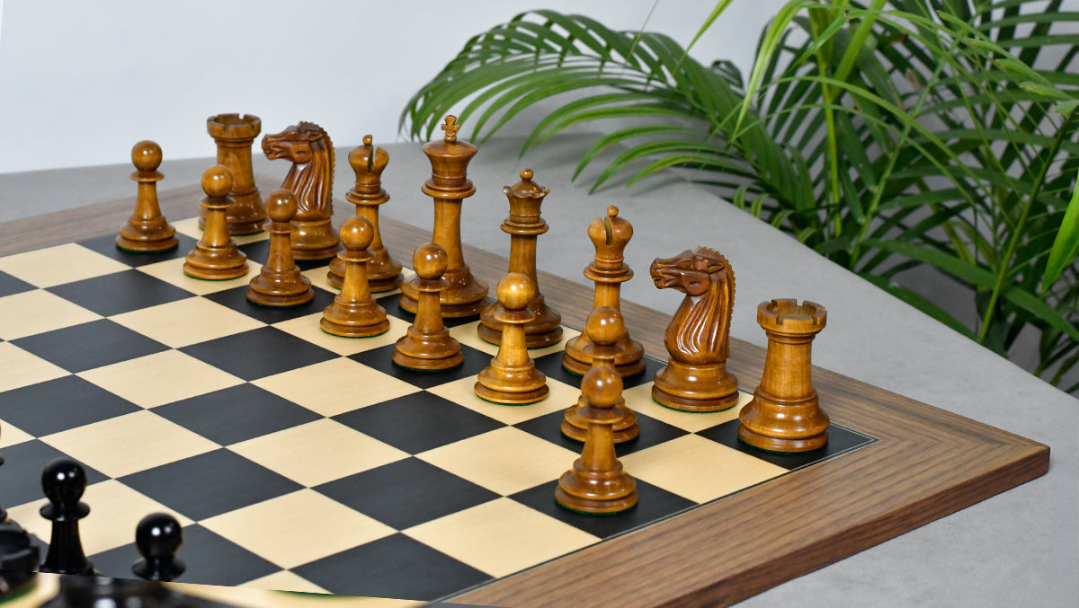 Combo Of Circa 1887 Turner Teich Soviet-Staunton Style Weighted 4" Chess Pieces in Ebony & Antiqued Boxwood With Wooden Deluxe Black Dyed Poplar & Sycamore with Matte Finish Chess Board