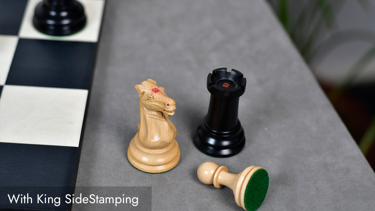 1880s-90s Circa Lasker Staunton Pattern Antique Chess Pieces in Ebony / Boxwood with King Side Stamping - 3.75" King