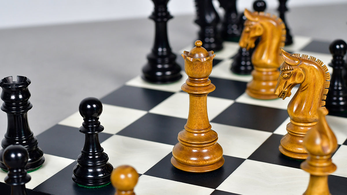 War Admiral Antiqued Chess Pieces – 4.4" King – Handcrafted Staunton Design in Ebony Wood & Antiqued Boxwood