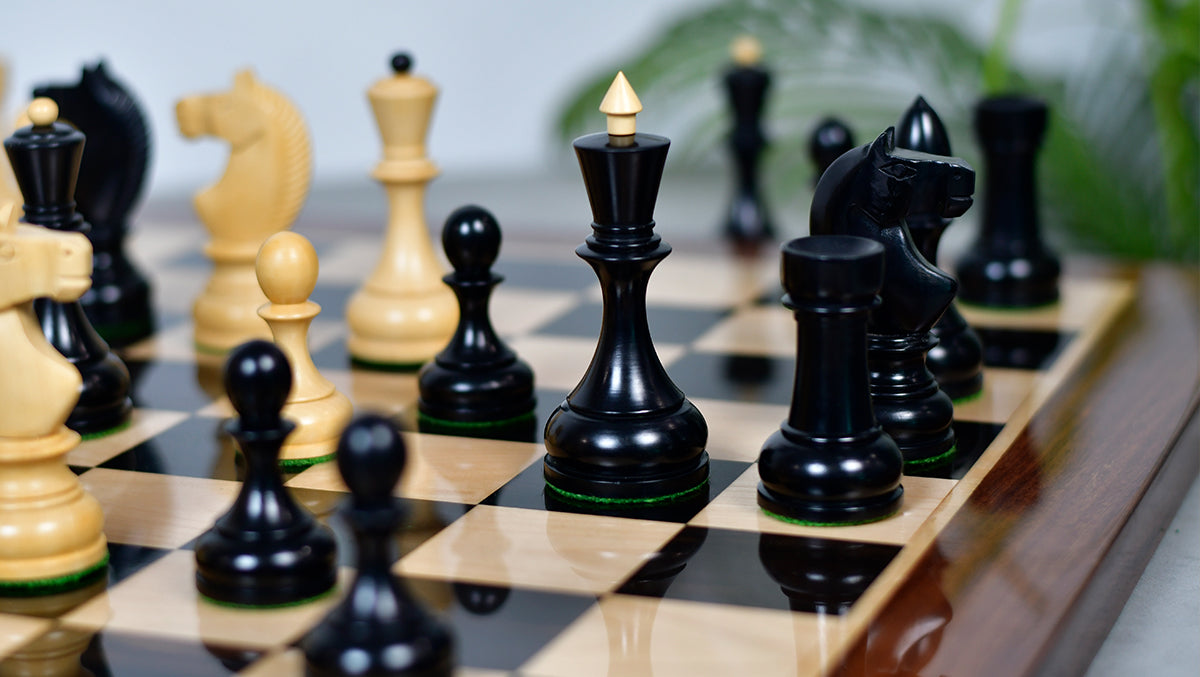 Combo Of Circa 1930s "Leningrad Schoolboy" 4.2 inch King Soviet Chess Pieces in Ebonized & Boxwood - 1530 grams With Solid Wooden Indian Chess Board in Genuine Ebony Wood & Maple Wood with Sheesham Wood Border