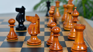 Combo Of The 1973 Philippines Repro International Tournament Chess Pieces in 4.2 Inch King Ebonized & Distressed Antique With Wooden Black Dyed Poplar Olive Chess Board