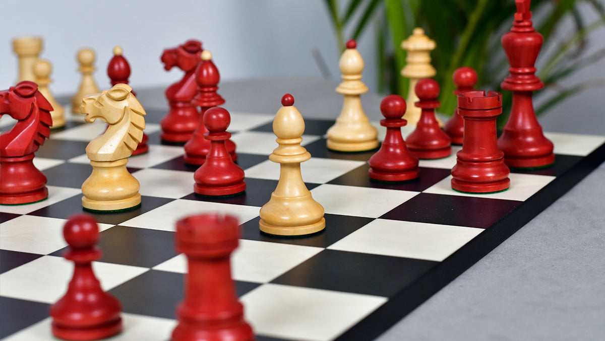 Special Edition Reproduced Vintage 1950's Circa Bohemia Staunton Series German Chess Pieces in Stained Crimson Boxwood - 3.89" King