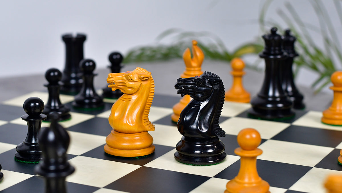 4.5" King - 1849 Original Staunton Pattern Triple Weighted Wooden Chess Pieces in Genuine Ebony & Antiqued Boxwood w/ King Side Stamping