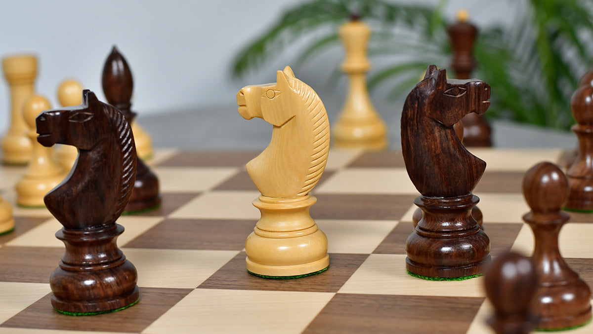 Combo Of Circa 1930s "Leningrad Schoolboy" Soviet Chess Pieces 4.2 inch King in Sheesham & Boxwood - 1530 Grams With Minimalist Walnut Maple Wooden Chess Board Matte Finish