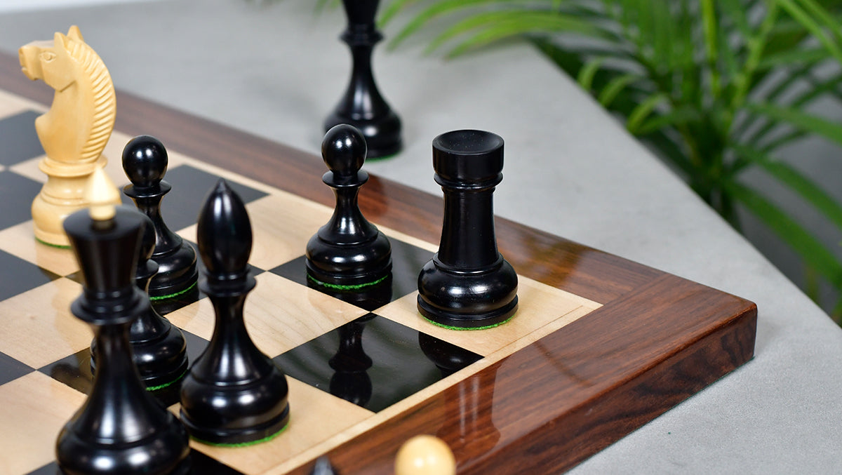Combo Of Circa 1930s "Leningrad Schoolboy" 4.2 inch King Soviet Chess Pieces in Ebonized & Boxwood - 1530 grams With Solid Wooden Indian Chess Board in Genuine Ebony Wood & Maple Wood with Sheesham Wood Border