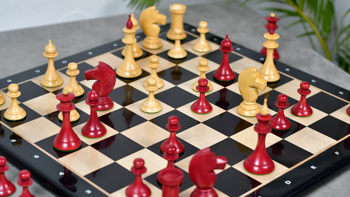 1950s' Soviet (Russian) Latvian Chess Pieces in Stained Crimson / Box Wood - 4.1" King - 1050 Grams