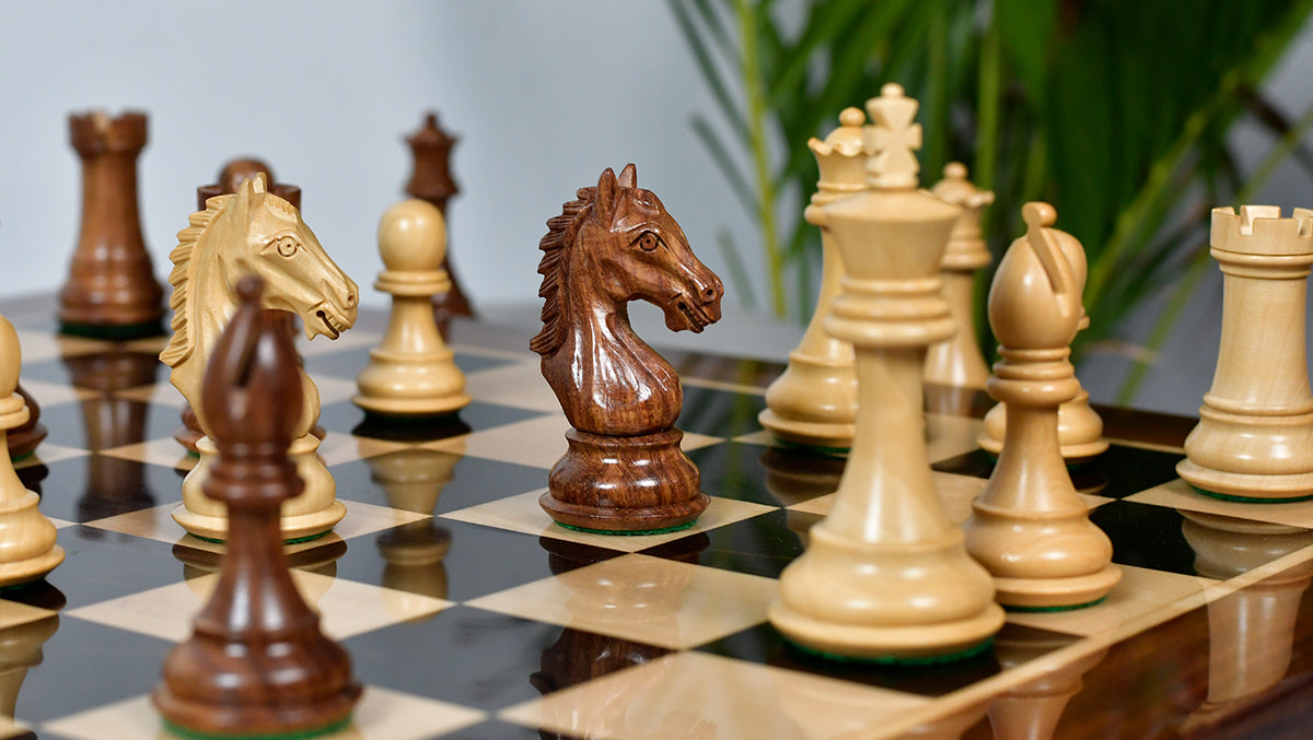 Derby Knight Staunton Weighted Chess Pieces in Sheesham & Boxwood - 4.1" King