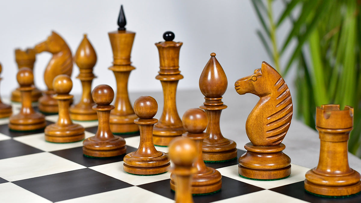 The Repro of Averbakh 1949 Moscow Chess Championship Chess Pieces in Ebonized & Antiqued Boxwood 4.20 inch King - 1130 Grams Weight
