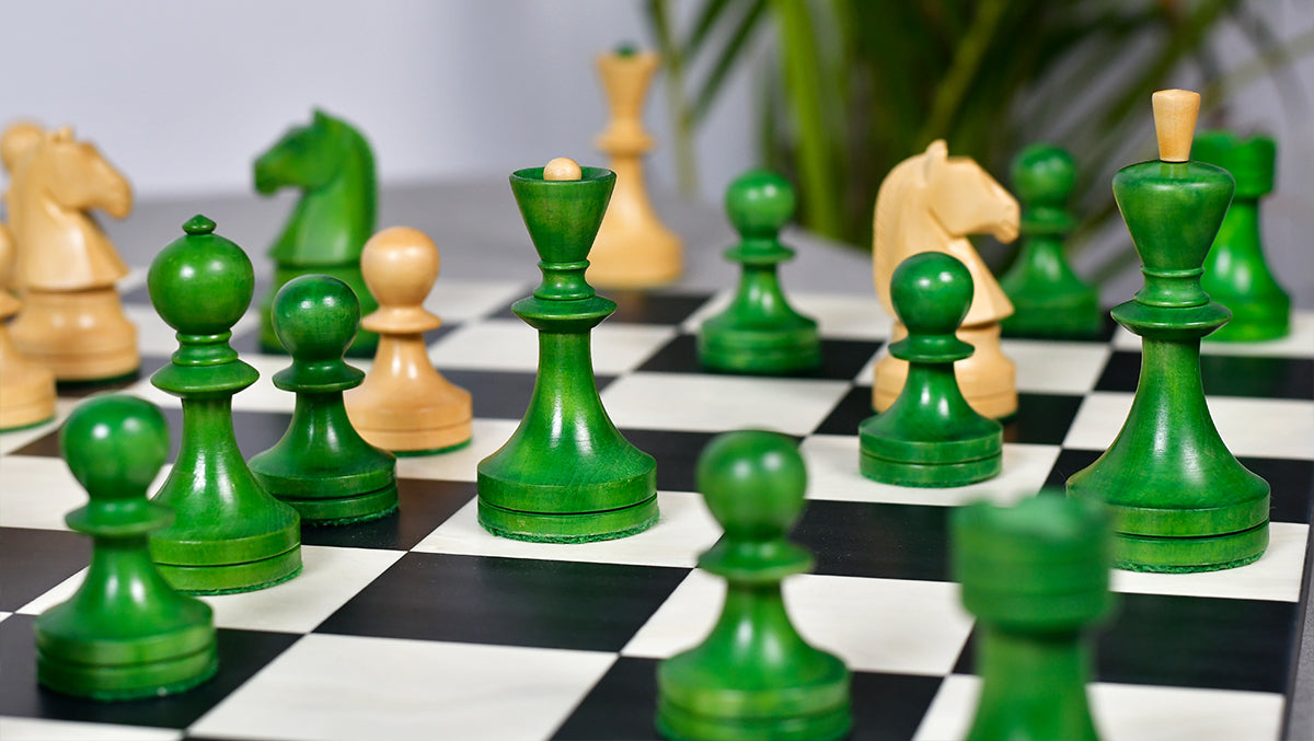 Russian (Soviet Era) Series Chess Pieces in Stained Green Ash Burl / Boxwood - 3.7" King