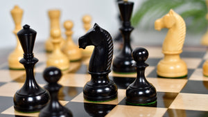 Combo Of 1950s' Botvinnik Tournament Soviet Era Chess Pieces in 4.4 inch King Ebonized Boxwood - 1480 Grams Weight With Solid Wooden Indian Chess Board in Genuine Ebony Wood & Maple Wood with Sheesham Wood Border