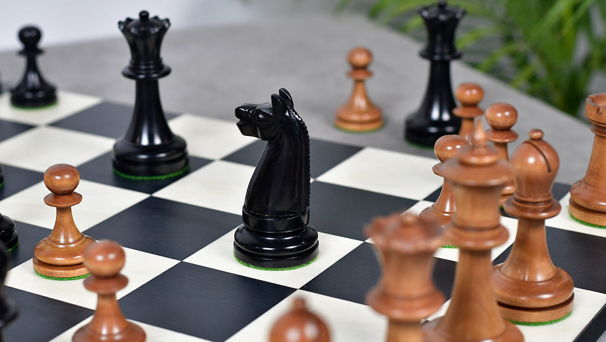 1900s' American Chess Company Reproduction Tournament Chess Set -  Black Ebonized & Antiqued Boxwood 3.8" King