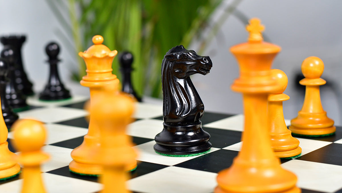 Circa 1887 Turner Teich Soviet-Staunton Style Weighted 4" Chess Pieces in Ebony & Golden Antique Boxwood - 1700 Grams Weight