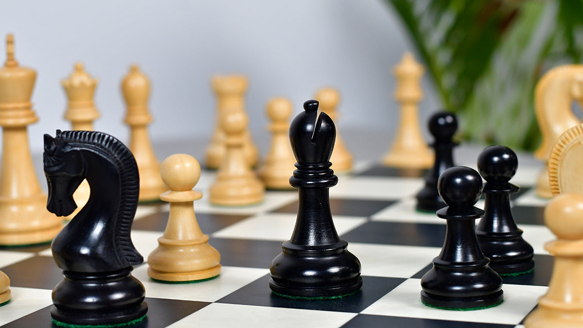 Leningrad Club-Sized Wooden Chess Pieces in Black Ebonized Wood & Boxwood- 4.0" King