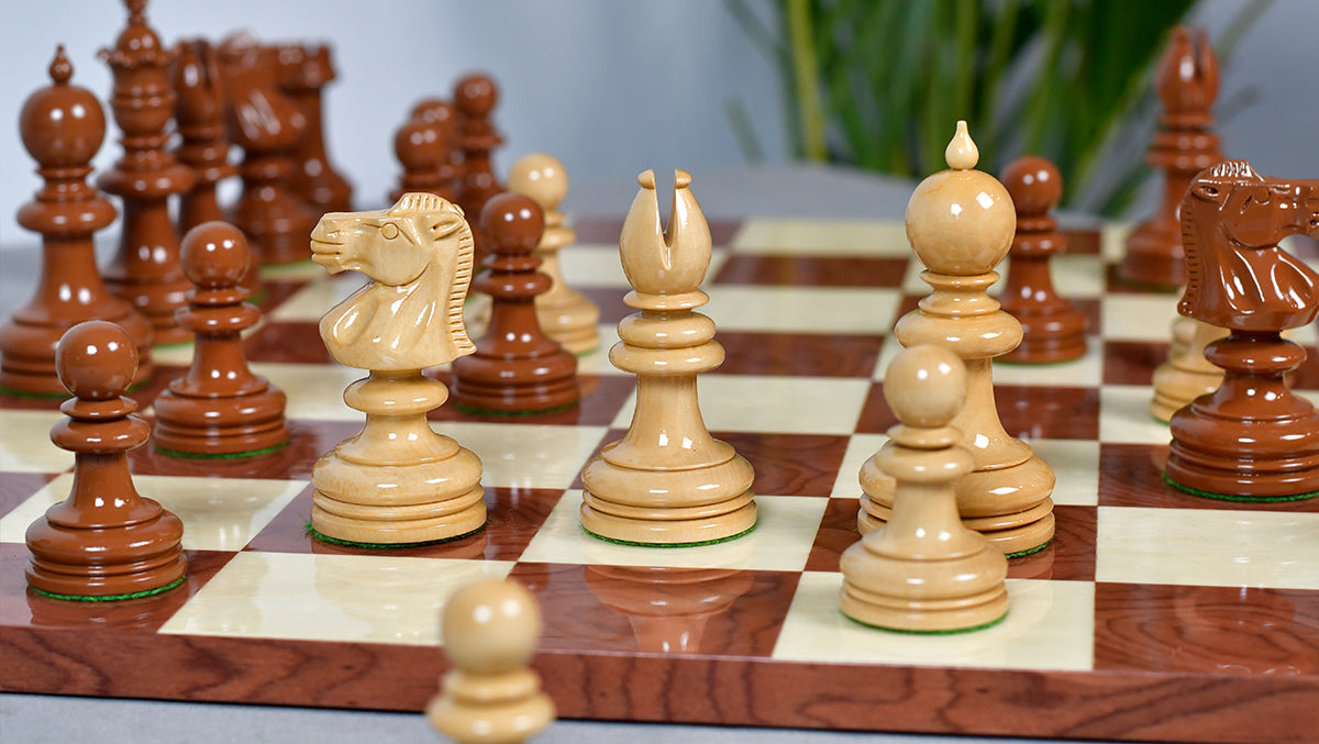 Exclusive Repro William Hallett High Class Chess Pieces in Golden Dyed & Boxwood Wood - 4.0"