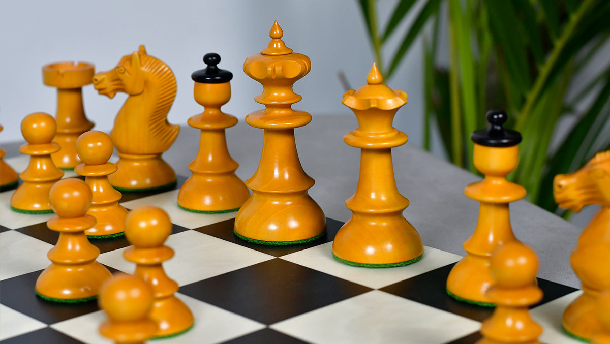 Reproduced Vintage Series Original Austrian Coffee House Old Vienna Chess Pieces in Ebonized and Antique Boxwood V2.0- 3.75" King
