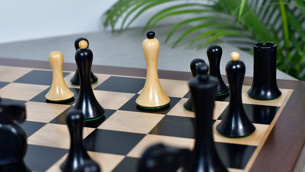 Combo Of Minimalist Soviet-Style Chess Pieces In Ebonized & Boxwood - 3.7” King With Wooden Ebony Wood / Maple Wood Chess Board