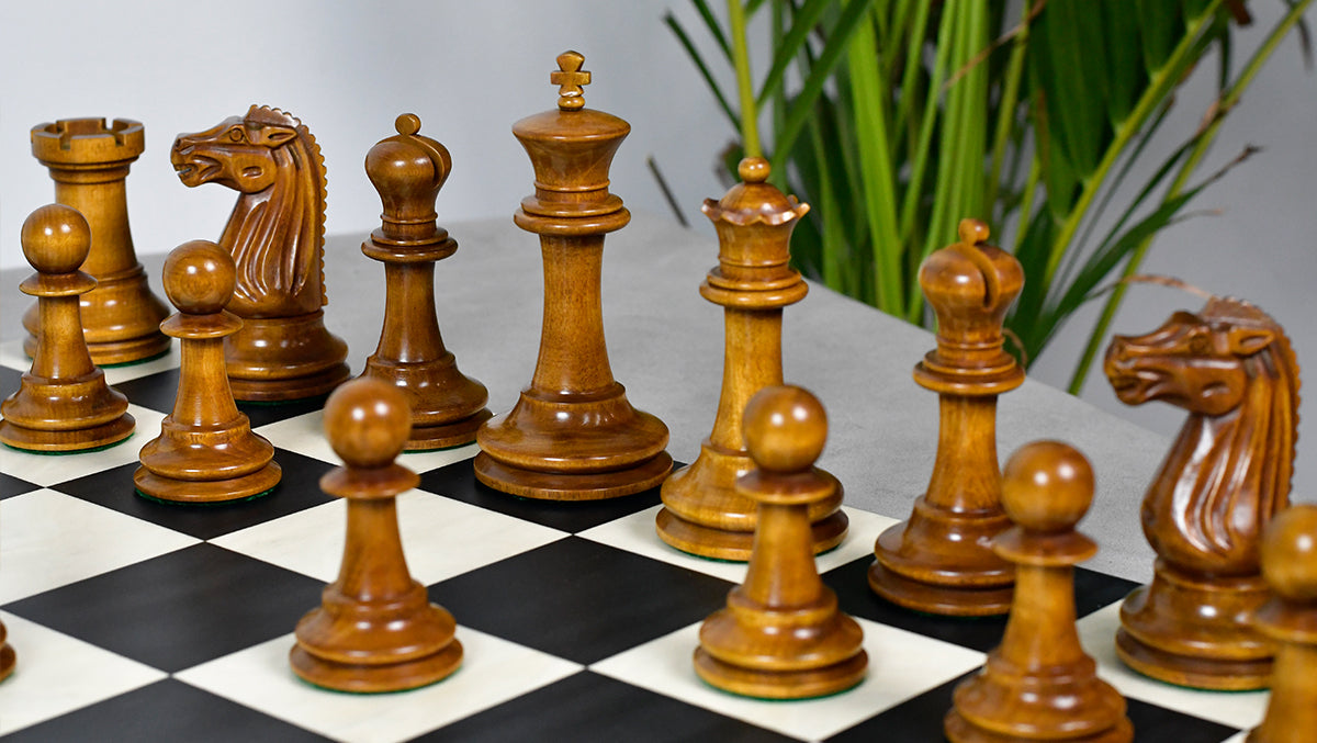Circa 1887 Turner Teich Soviet-Staunton Style Weighted 4" Chess Pieces in Ebony & Antiqued Boxwood - 1700 Grams Weight
