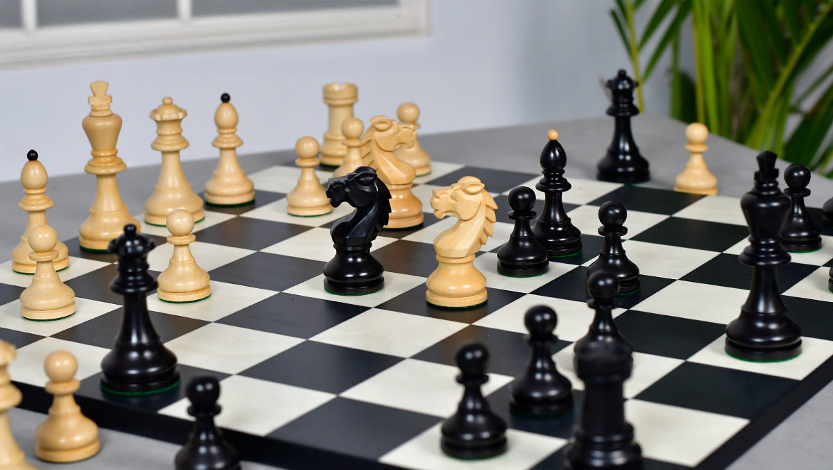 Reproduced Vintage 1950's Circa Bohemia Staunton Series German Chess Pieces in Ebonized Boxwood & Natural Boxwood - 3.89" King