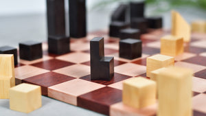 1966 F. Lanier Graham Chess Pieces - Minimalist Design in Ebonized Boxwood & Natural Boxwood - 2.79" King