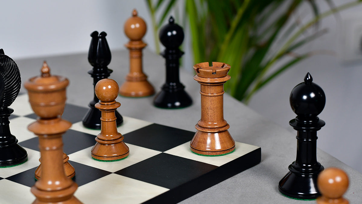Exclusive Repro Old Antique Edinburgh Upright Chess Pieces in Distressed Boxwood and Ebonized Wood - 4.4" King with Extra Queens