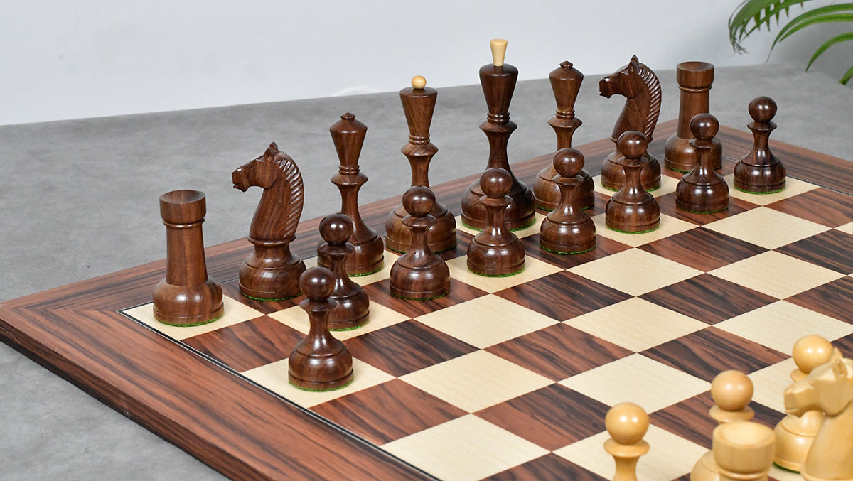 The Soviet Era 1950s' Botvinnik Tournament Weighted Chess Pieces in Sheesham & Boxwood 4.4 inch King - With Santos Palisander pr & Sycamore Chess Board