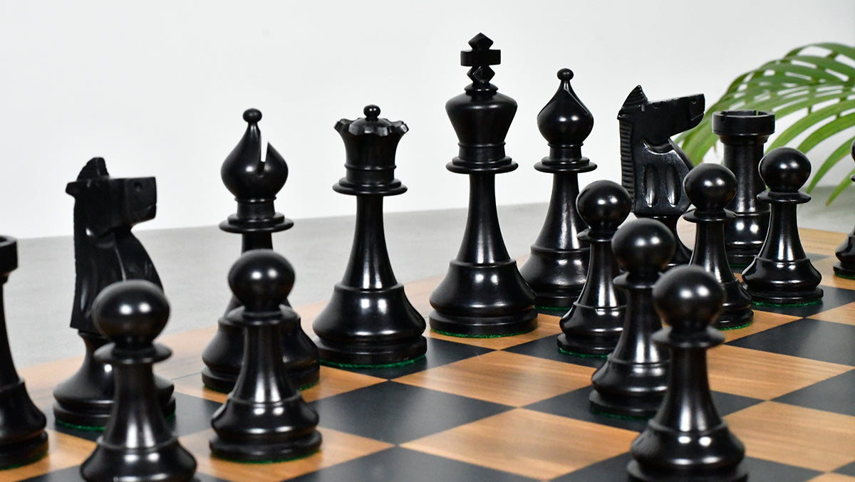 Combo Of The 1973 Philippines Repro International Tournament Chess Pieces in 4.2 Inch King Ebonized & Distressed Antique With Wooden Black Dyed Poplar Olive Chess Board