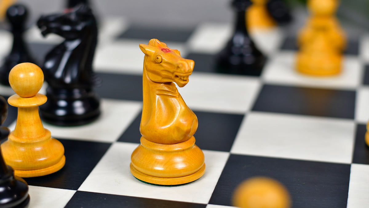 1900s' Marshall Staunton Pattern Chess Pieces in Ebony / Antiqued Boxwood with King Side Stamping - 3.75" King