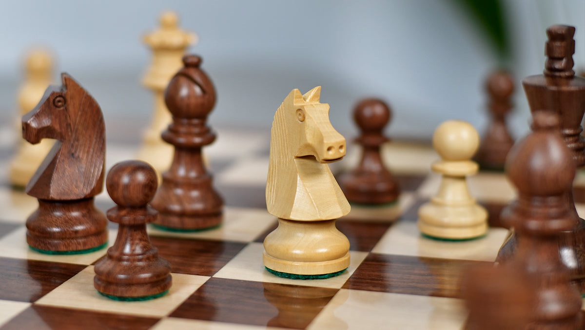 German Knight Tournament Series Staunton Chess Pieces in Sheesham & Box Wood - 3" King - Best Seller
