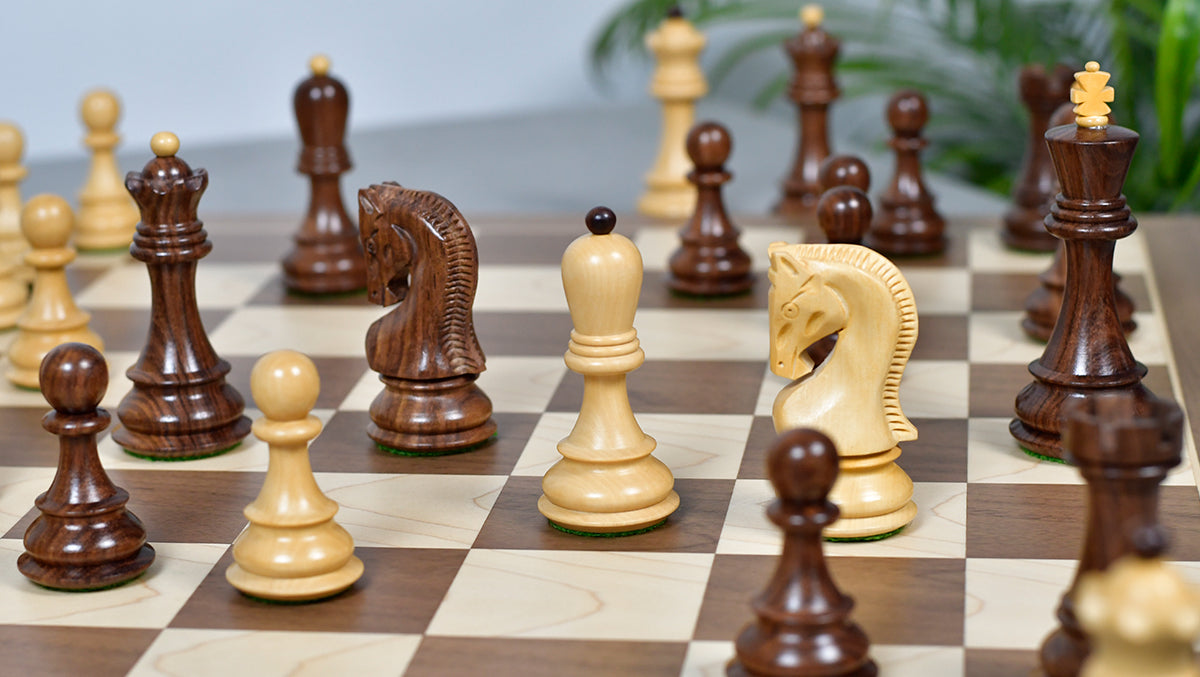 Combo Of 1959 World Chess Championship Russian Zagreb Weighted Chess Pieces in Sheesham / Natural Boxwood 4.14" - King With Wooden Walnut / Maple Chess Board