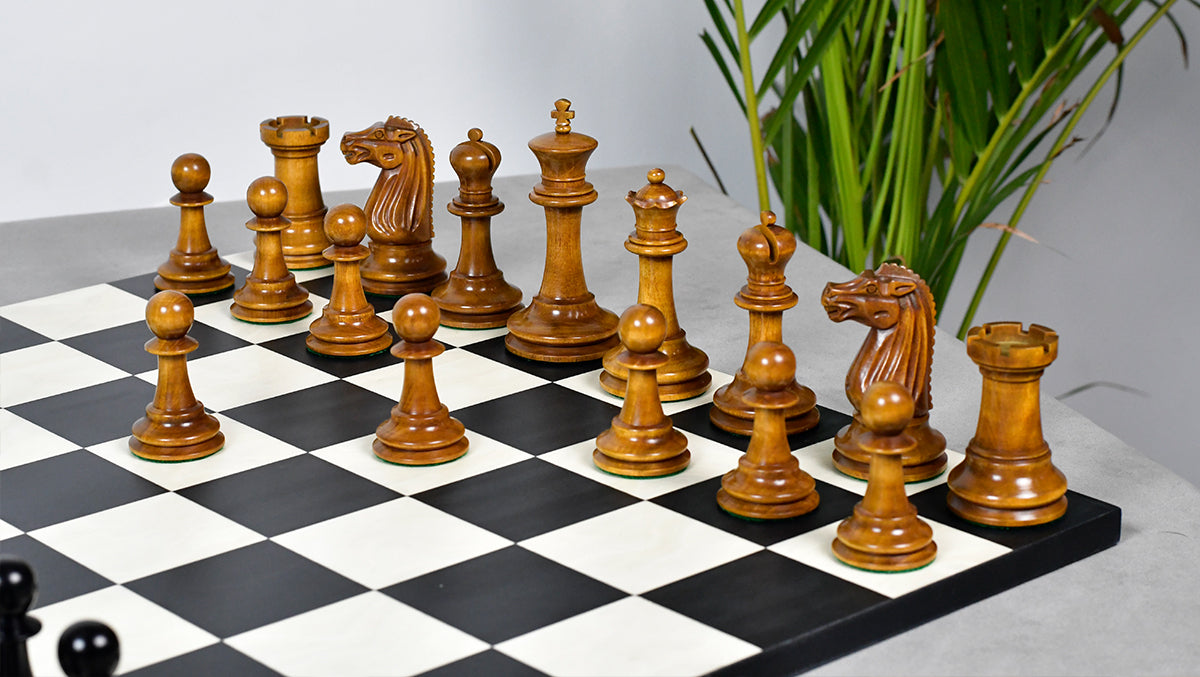 Circa 1887 Turner Teich Soviet-Staunton Style Weighted 4" Chess Pieces in Ebony & Antiqued Boxwood - 1700 Grams Weight