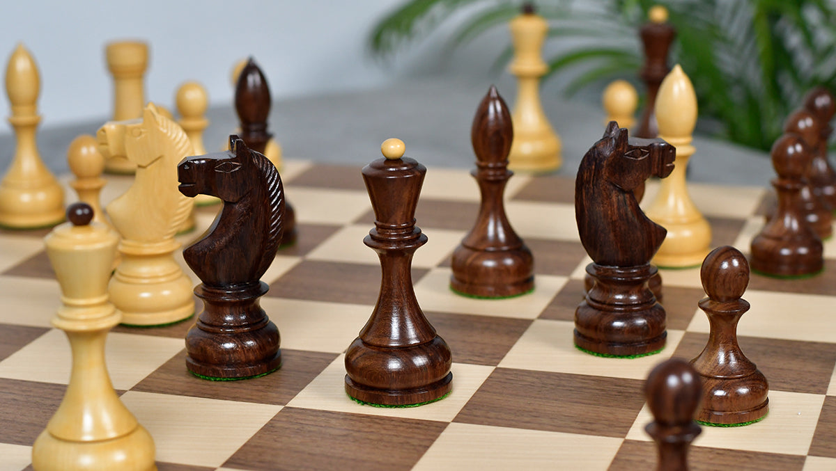 Combo Of Circa 1930s "Leningrad Schoolboy" Soviet Chess Pieces 4.2 inch King in Sheesham & Boxwood - 1530 Grams With Minimalist Walnut Maple Wooden Chess Board Matte Finish