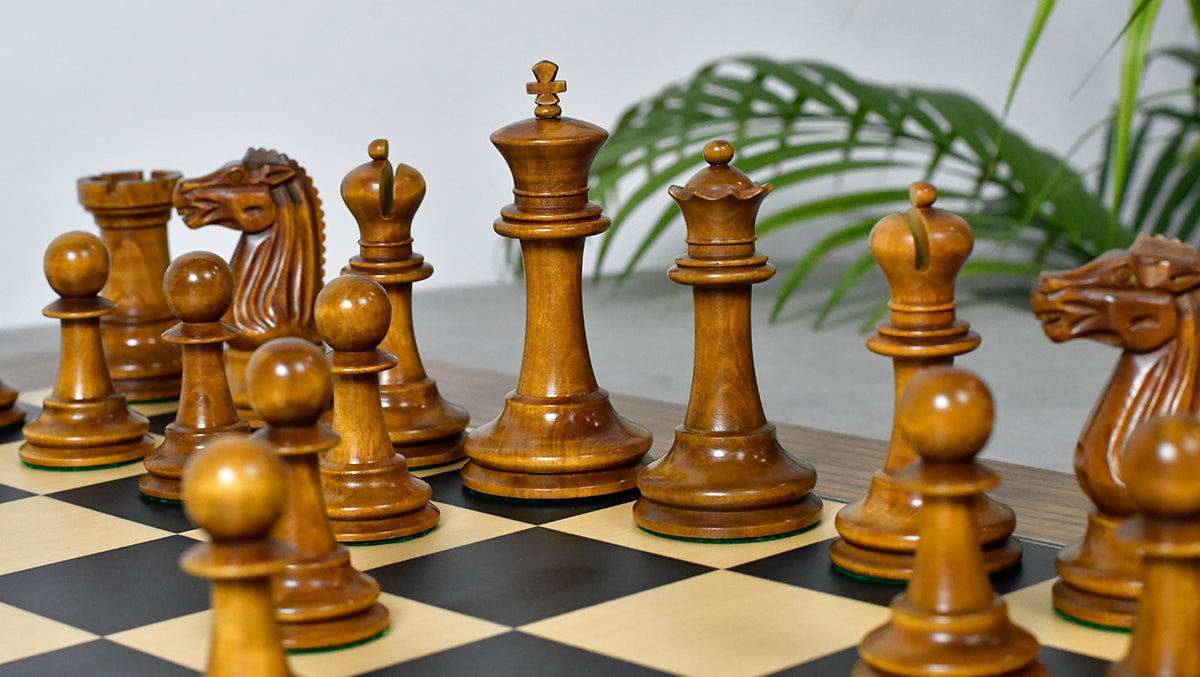 Combo Of Circa 1887 Turner Teich Soviet-Staunton Style Weighted 4" Chess Pieces in Ebony & Antiqued Boxwood With Wooden Deluxe Black Dyed Poplar & Sycamore with Matte Finish Chess Board