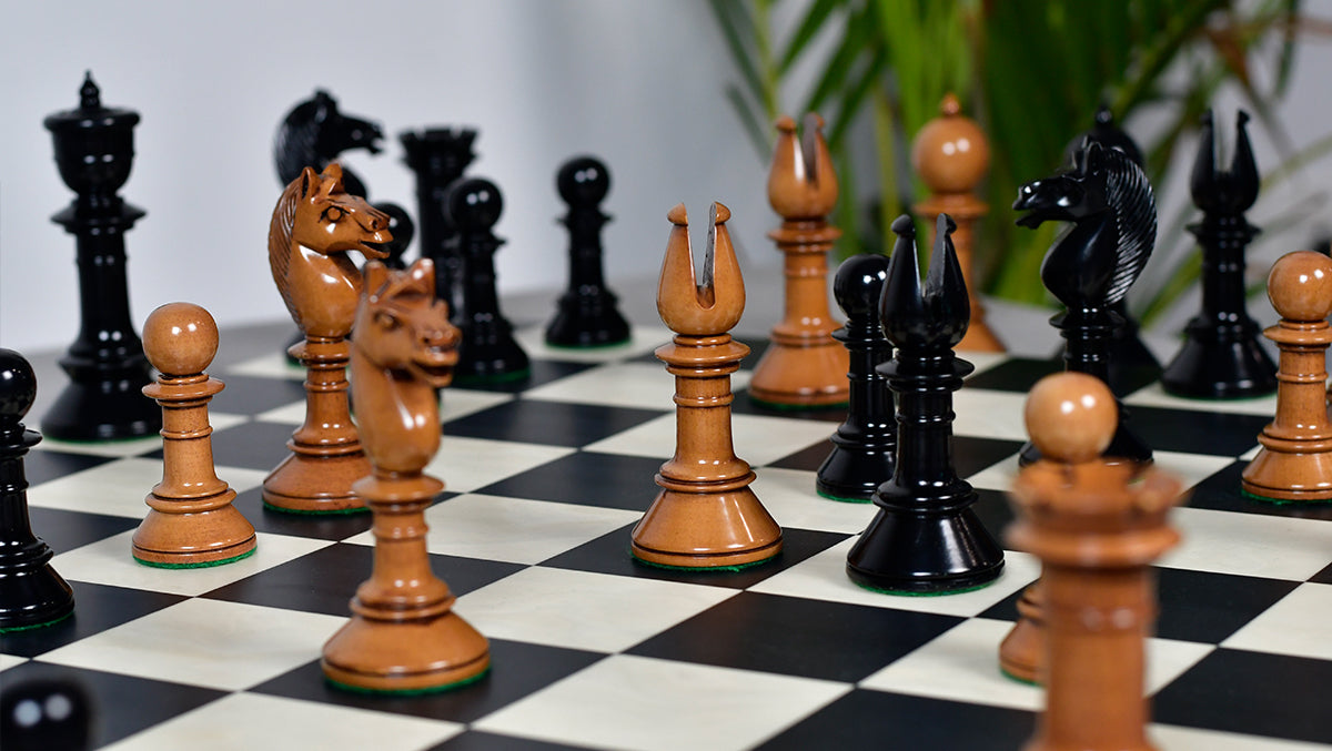 Exclusive Repro Old Antique Edinburgh Upright Chess Pieces in Distressed Boxwood and Ebonized Wood - 4.4" King with Extra Queens